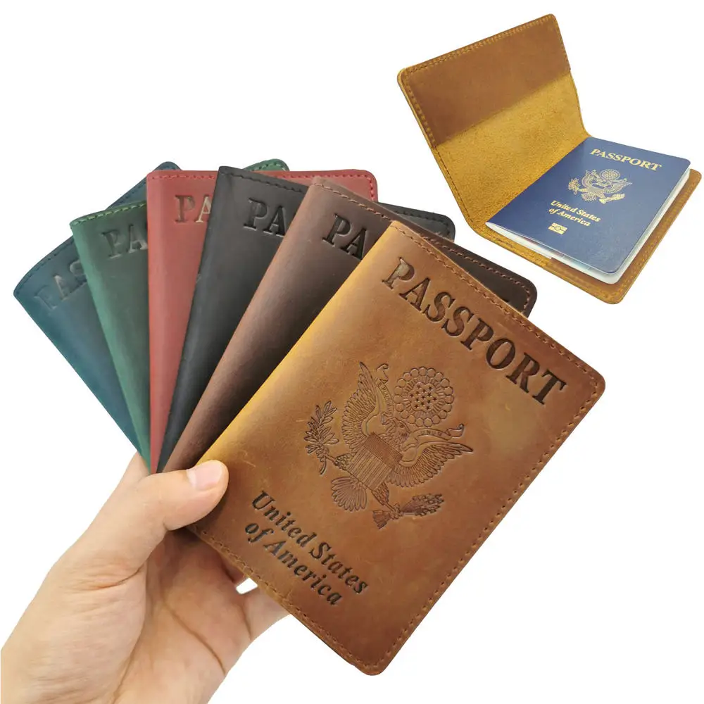 Wholesale Kind of Country Retro Crazy Horse Genuine Leather Travel Passport Cover Holder protector porta pasaporte