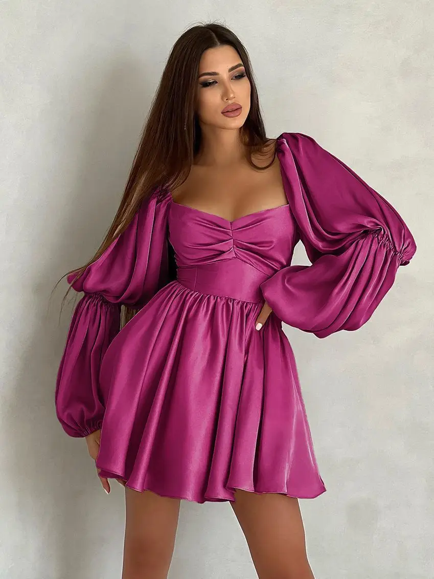 2023 summer dress Sweetheart Neck Frill Trim Dress  Puff sleeve satin Sexy Pink dress women elegant for valentines day gift