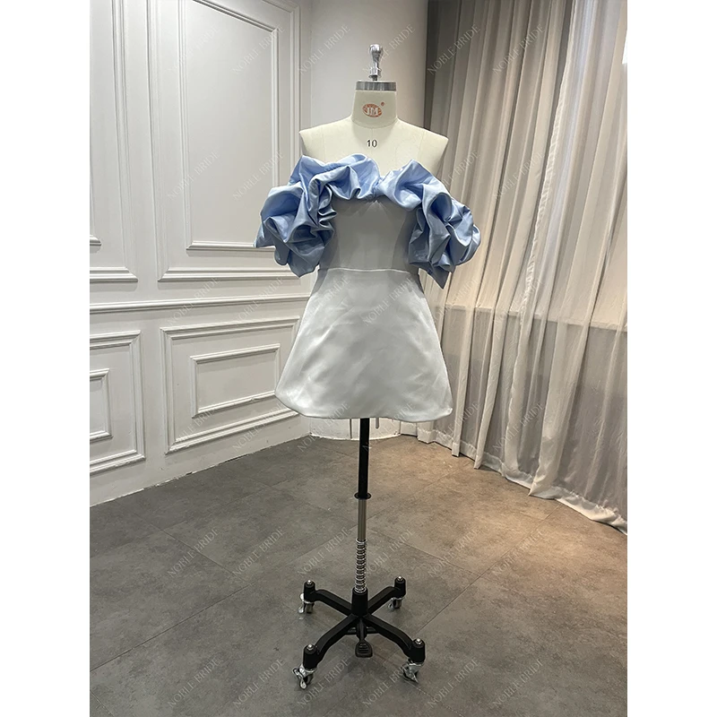 Minimalist Bridal Cheap Big Blue Bow Wedding Reception Short Gown Women Princess Mini Satin Wedding Dresses with Puffy Sleeves