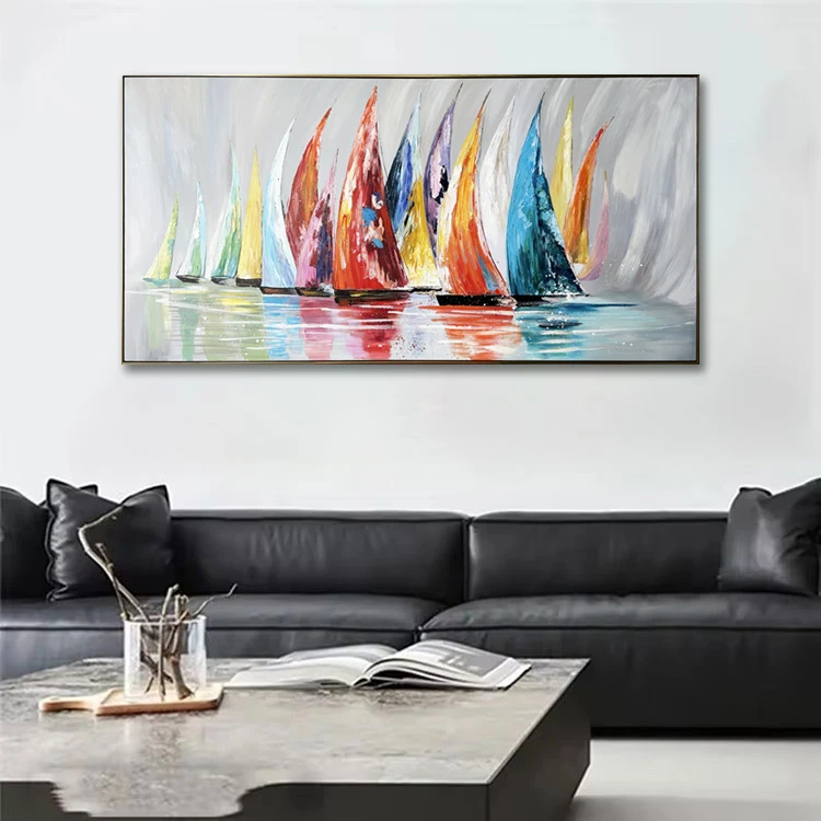 Colorful Hand Painted Sailboat Oil Painting Abstract Modern Canvas Artwork Romance Seascape Wall Art Stretched Wall Decoration