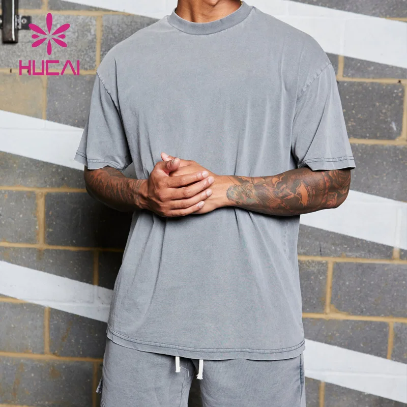 HUCAI Custom logo workout clothing sportswear heavyweight vintage cotton acid washed oversized running fitness gym shirts men