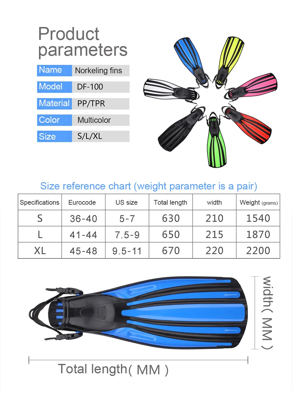 2024 New Adult Super Light Diving Fins Eco-Friendly Blade Fins for Scuba Diving & Training