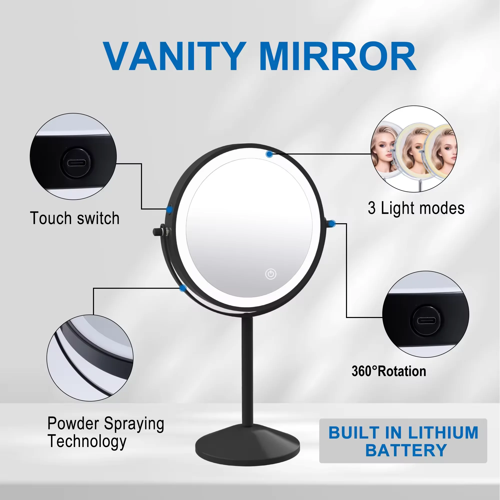 8 Inch Make Up Organizer with led Light Mirror Home Magnifying Makeup Mirror Desktop Cosmetic Mirror with Light
