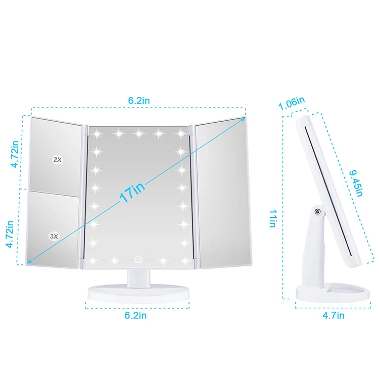 
OEM Service Professional Luminous LED Cosmetic Mirror With Lamp Touch Screen Tabletop Make Up Mirror Folded On Three Sides 