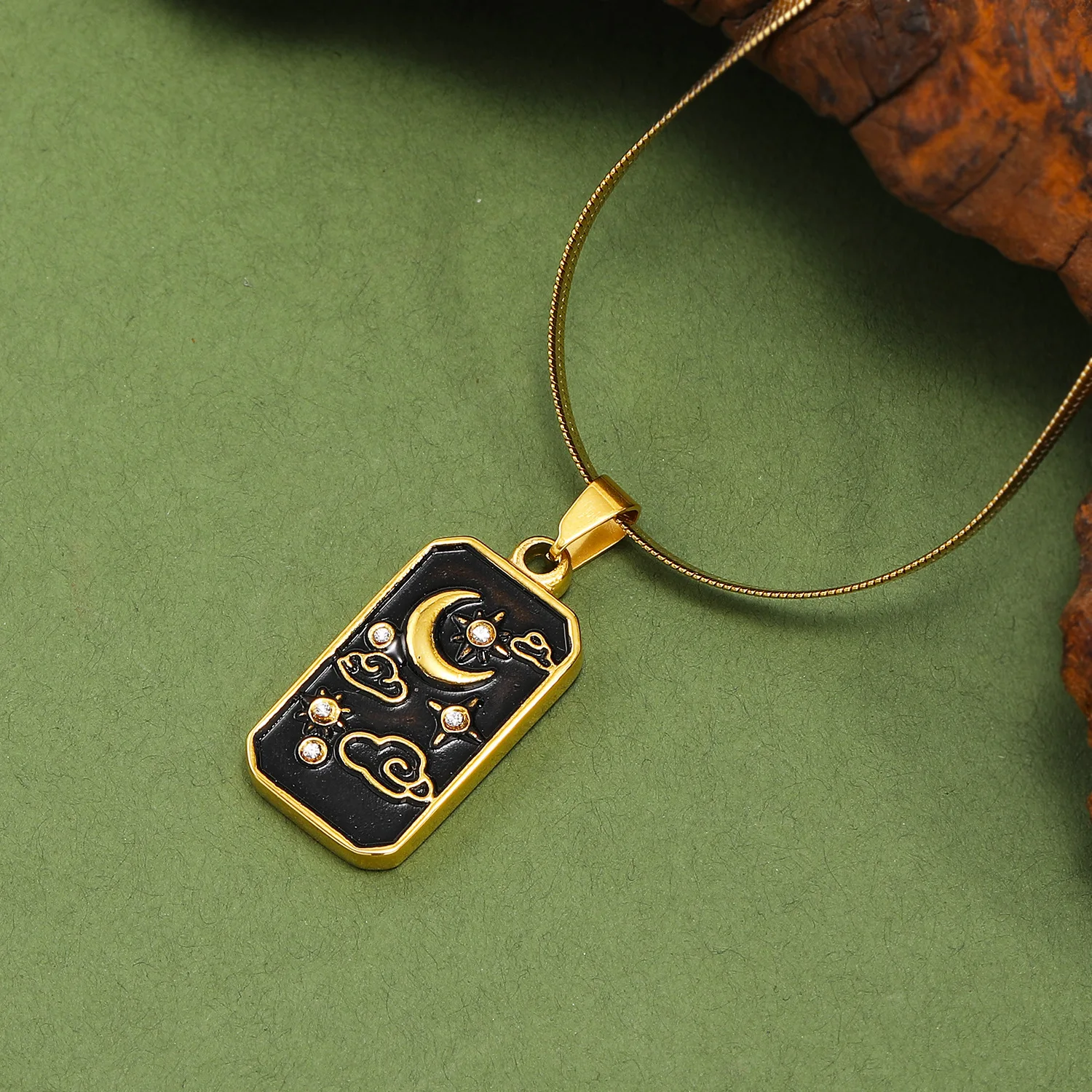 Classic Black Oil Drip Square Plate Divination Necklaces Gold Stainless Steel Snake Chain Diamond Inlay Tarot Necklaces