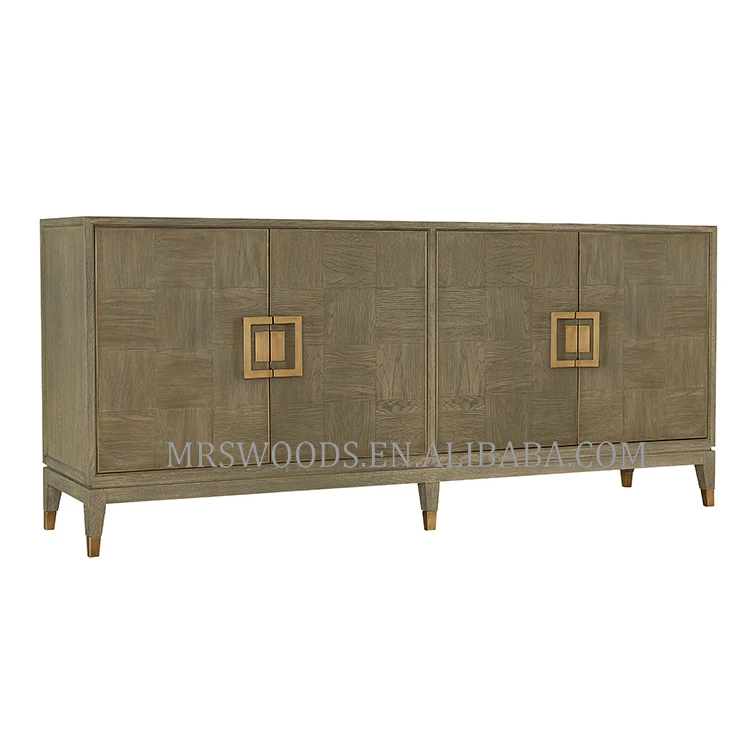 MRS WOODS Vintage Parquet Solid Oak Wood Black Sideboard Modern Credenza Buffet Table