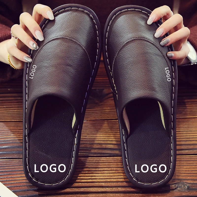 Anti-slippery and slip water proof indoor and outdoor flat mens genuine leather slippers