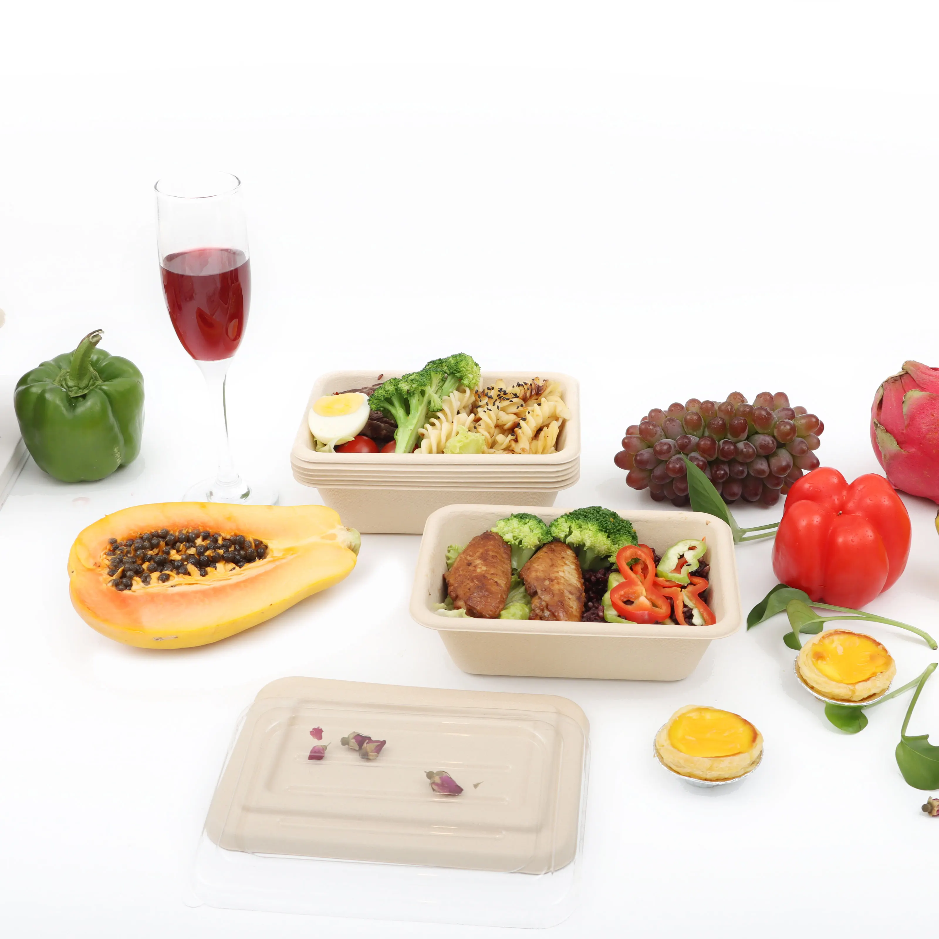 No PFAS compostable food container biodegradable take away lunch bento box 700ml disposable square food bowl with lid
