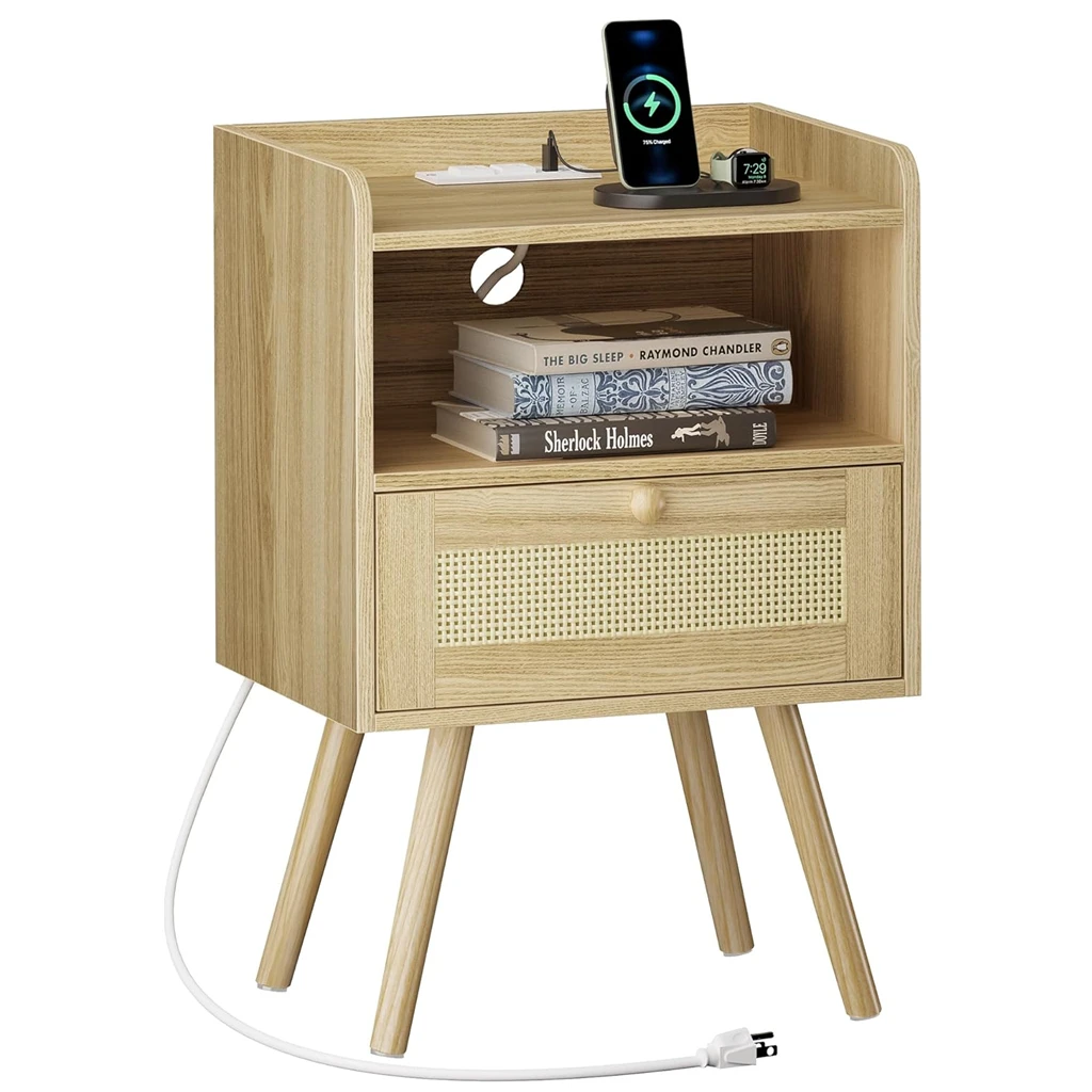 Wholesale Rattan Nightstand With Charging Station Rattan Decorative Drawers and Solid Wood Legs Open Storage Cabinet Side Table