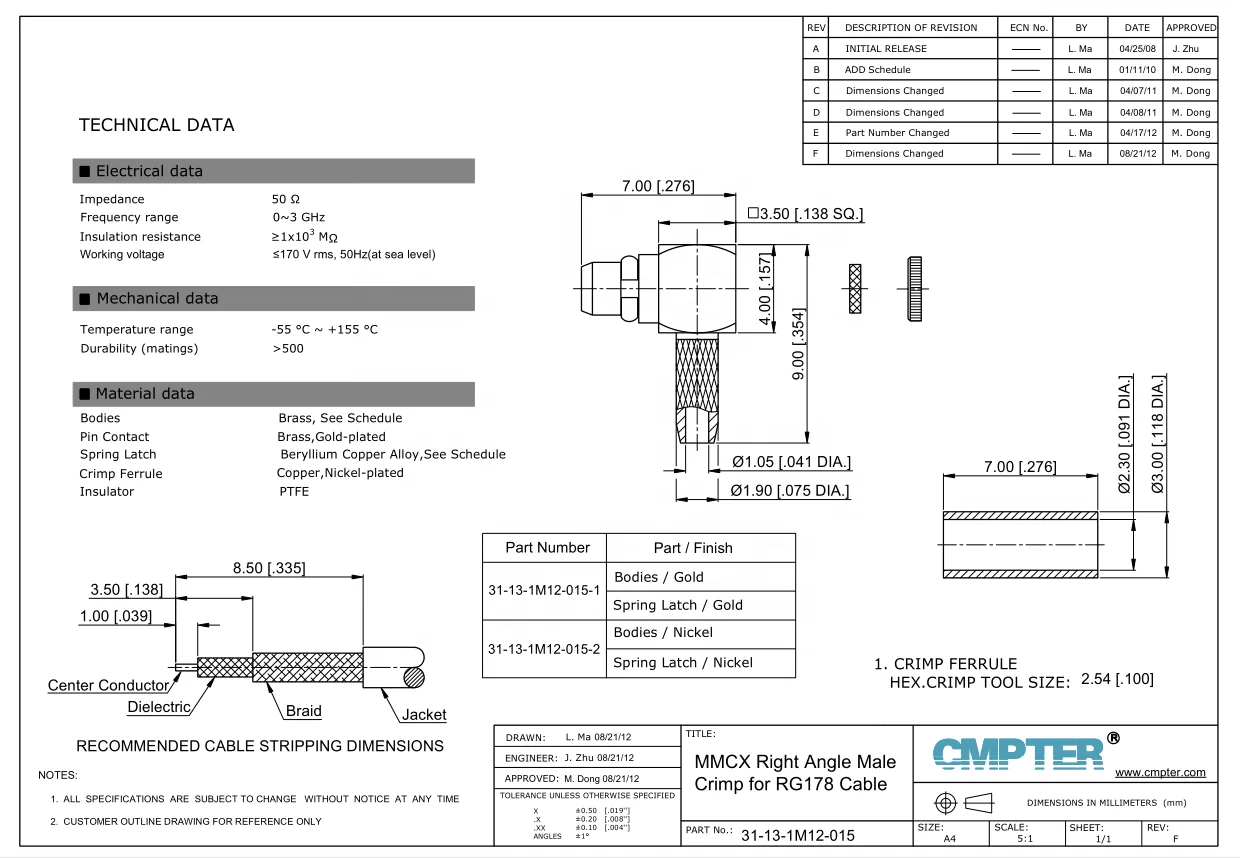 MMCX Male Right Angle Crimp RG178 Cable mmcx crimp rg178