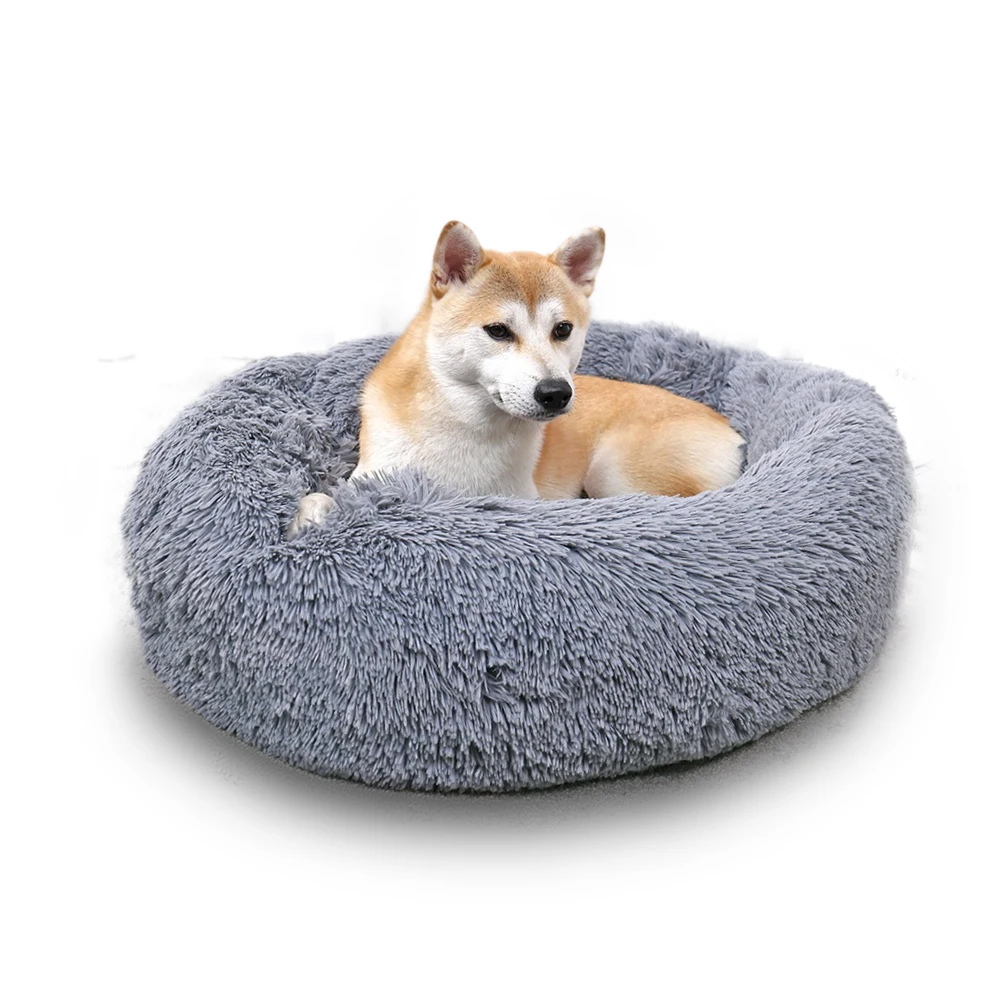 Long Faux Fur Fabric Dog Bed Comfortable Donut Round Super Soft Washable Pet