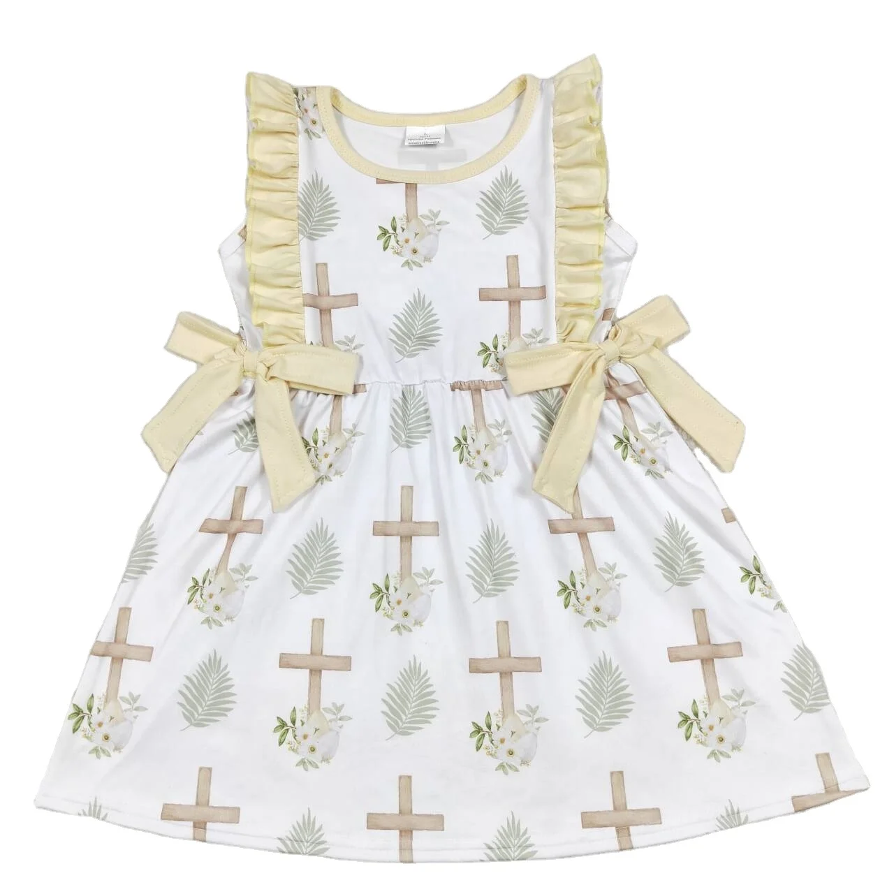 RTS High Quality baby clothes Easter cross flowers leaves yellow lace bow flying sleeve dress Summer Boutique girls dresses