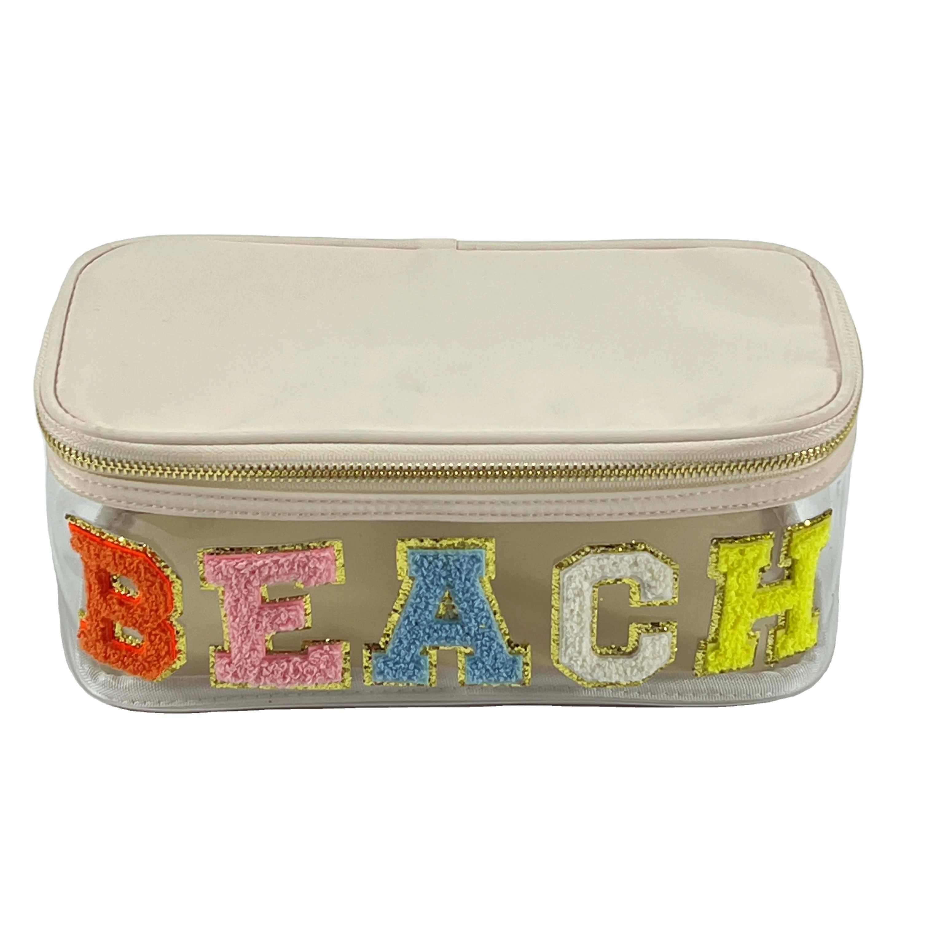 Custom letter patches PVC Travel Nylon Custom Pink Color Clear Make Up Bag Transparent Women Cosmetic Bags