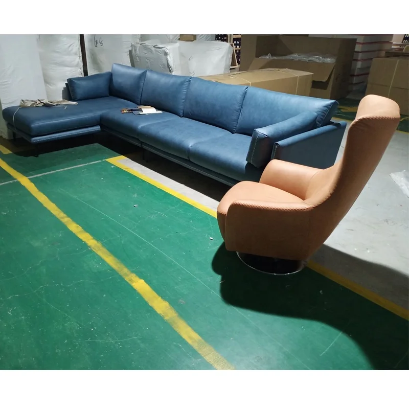 Foshan factory direct supply Italian style light grey and sky blue four seaters velvet L shape sofa for home living room