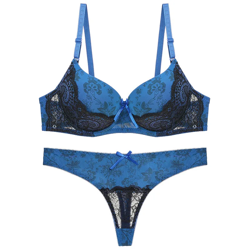 
Factory Direct Sales Womens Sexy Mature Floral Printed Gathered Lace Bra And Panties Sets 