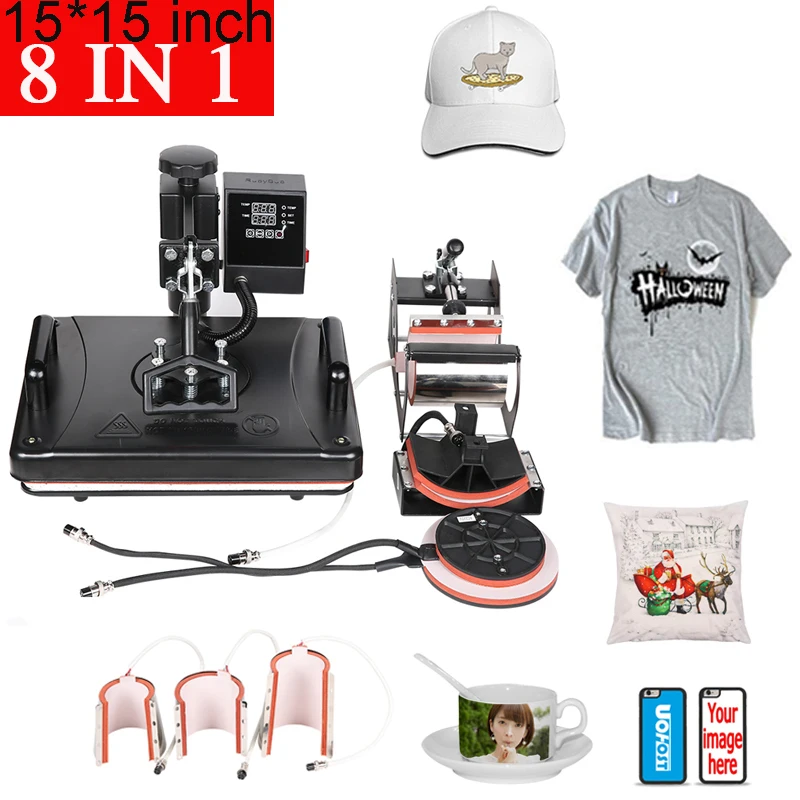 15*15 Inch/38*38 Cm 8 In 1 Combo Sublimation Heat Press Machine For Mug/Hat/T Shirt/ Rock/MDF/Phone Case