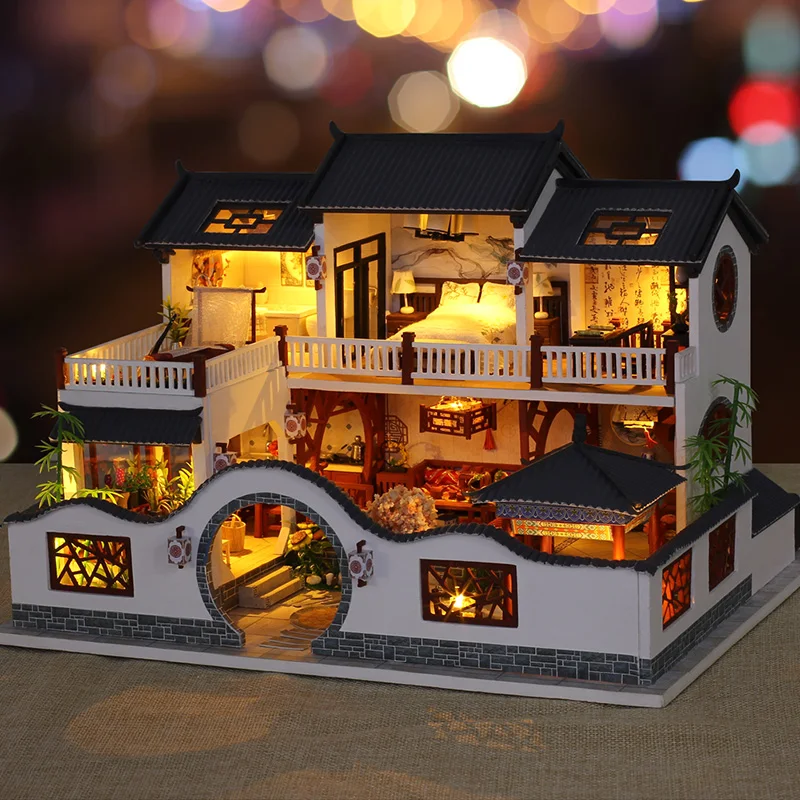 IIECREATE Chinese Ancient Style Wooden DIY Doll House Miniature Craft Gift With Cover