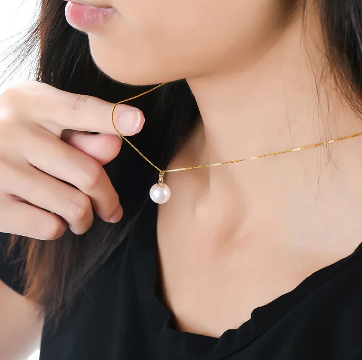 8mm round shape genuine 18K pure solid gold fresh water real freshwater cultured natural wholesale pearl necklace jewelry