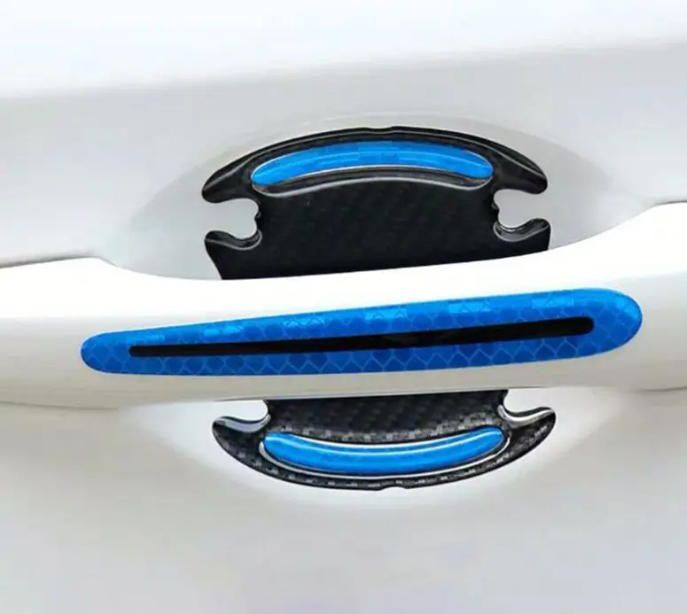 1Set 8 Pieces Carbon Fiber Car Door Handle Guard Anti Scratch Sticker Safety Warning Mark High Reflective Tape