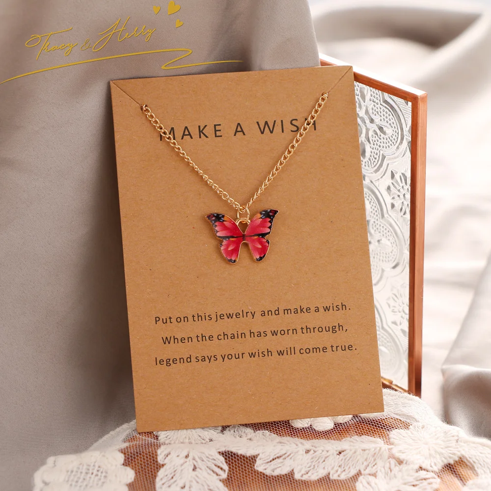 Tracy & Herry Feather CLASSIC Jewelry Alloy Gold Plated Necklace Set Colorful Butterfly Pendant Necklace With Packaging Card