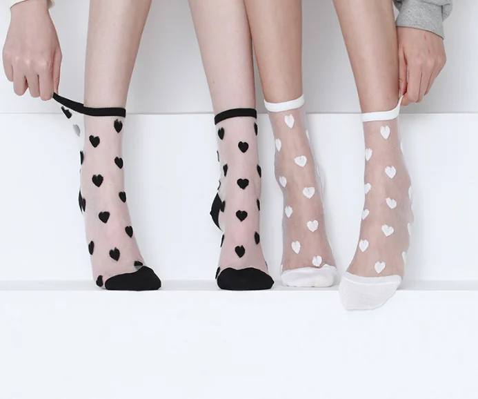 Womens summer thin sexy heart shape sheer socks lady polka dot transparent crystal short ankle spot silk socks