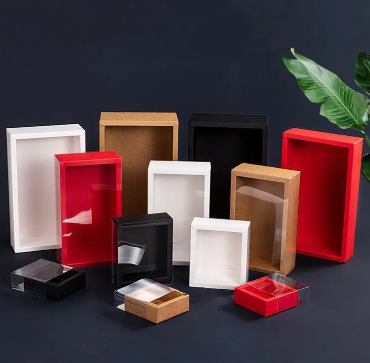 folding window drawer packaging kraft paper gift box for tea  Dessert Cake paper box  with full see through PVC lid