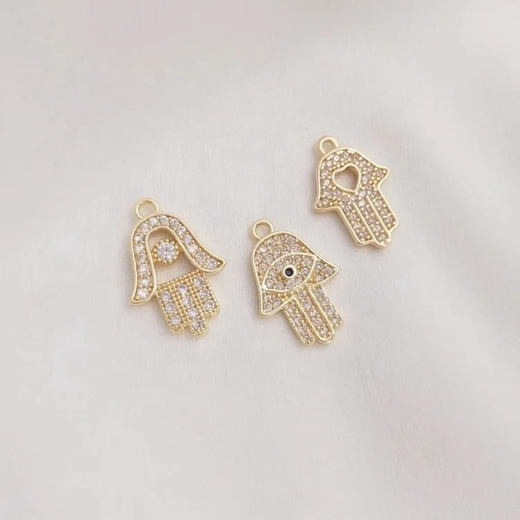 14k Gold Turkish Small Stud Pave Zircon Brass Hand of Fatima Hamsa Charms Pendant for DIY Jewelry Making