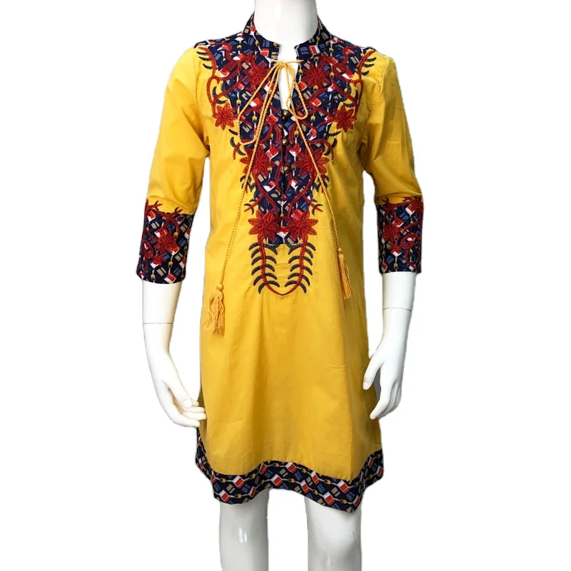 2022 Muslim Style Solid Color Patchwork Floral Fabric Kids Blouse Cotton Embroidery Dress for Children