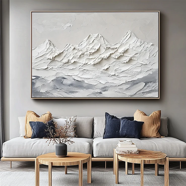 Handmade Knife Plaster Artwork Minimalist 3D White Mountain Landscape Painting Textured Wall Art