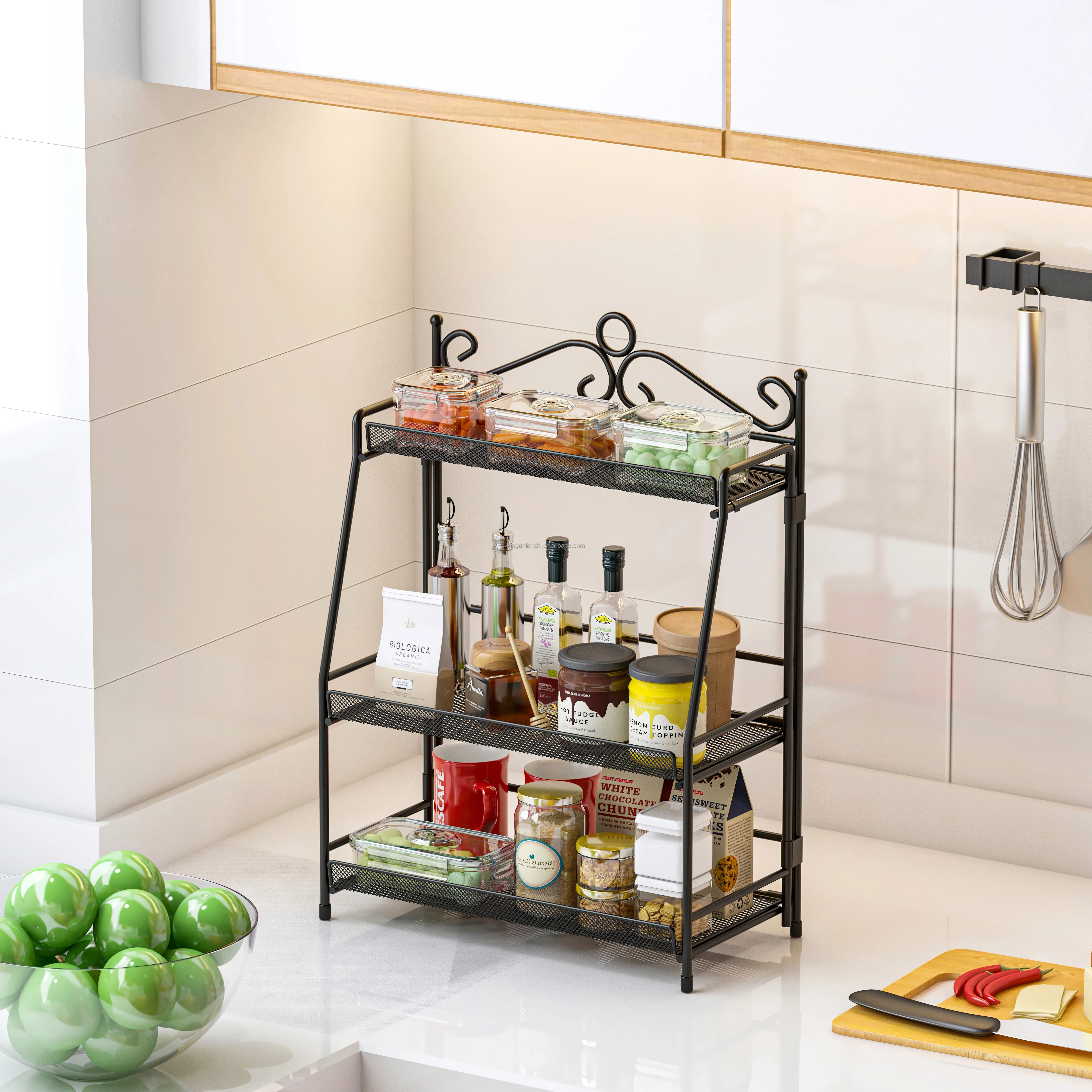 kitchen Countertop metal 3 Three layers tiers foldable seasoning Spice Rack Shelf Organizer Storage Standing for Countertop