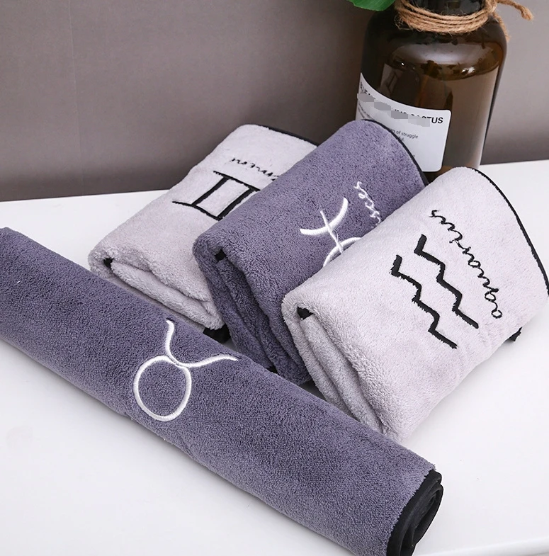 Coral fleece 12 constellations grey face bath towel sports sets with embroideriry
