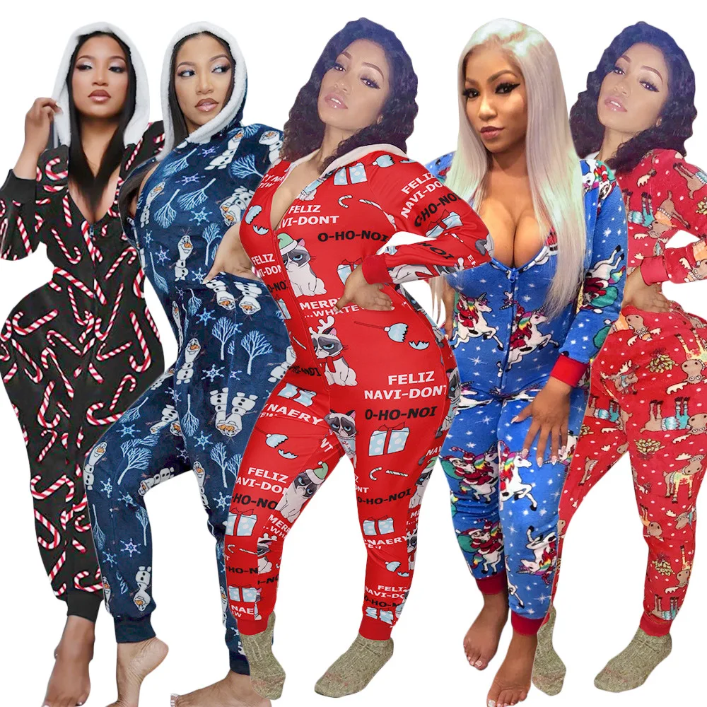 fall 2022 women clothes Custom Logo Winter Popular Casual Hooded Zipper pajamas christmas onesies Long Sleeve Jumpsuit