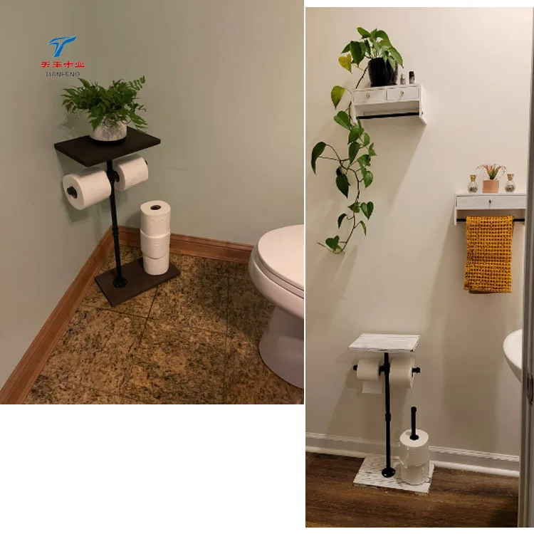 Industrial Free Stand Dispenser Toilet Paper Holder with Reserve Shelf Cast Iron Pipe Wooden Base