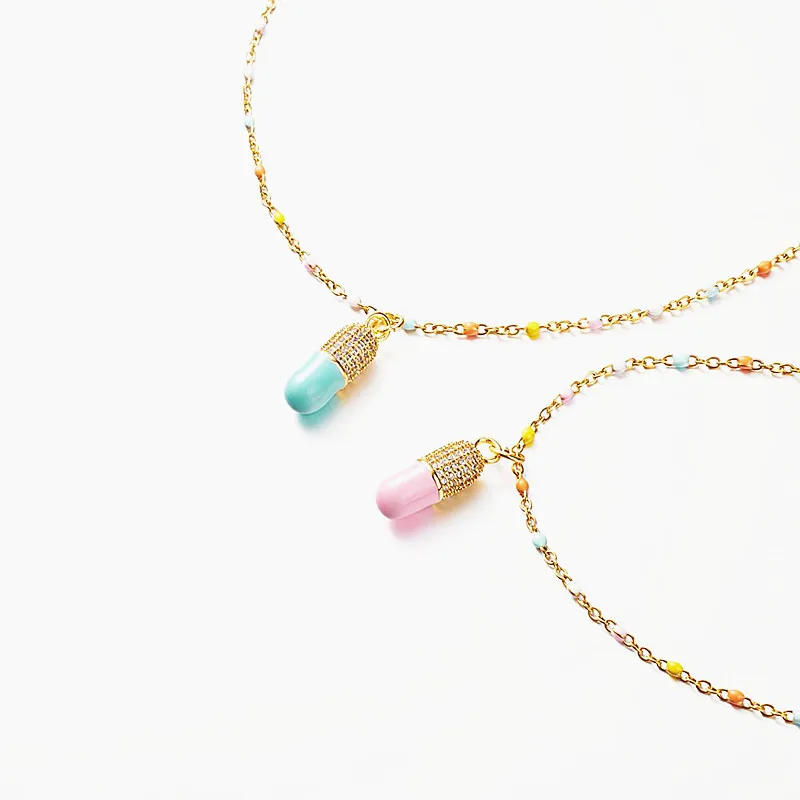 You are my happiness pill  pendant necklace lady enamel glazed stainless steel clavicle chain necklace