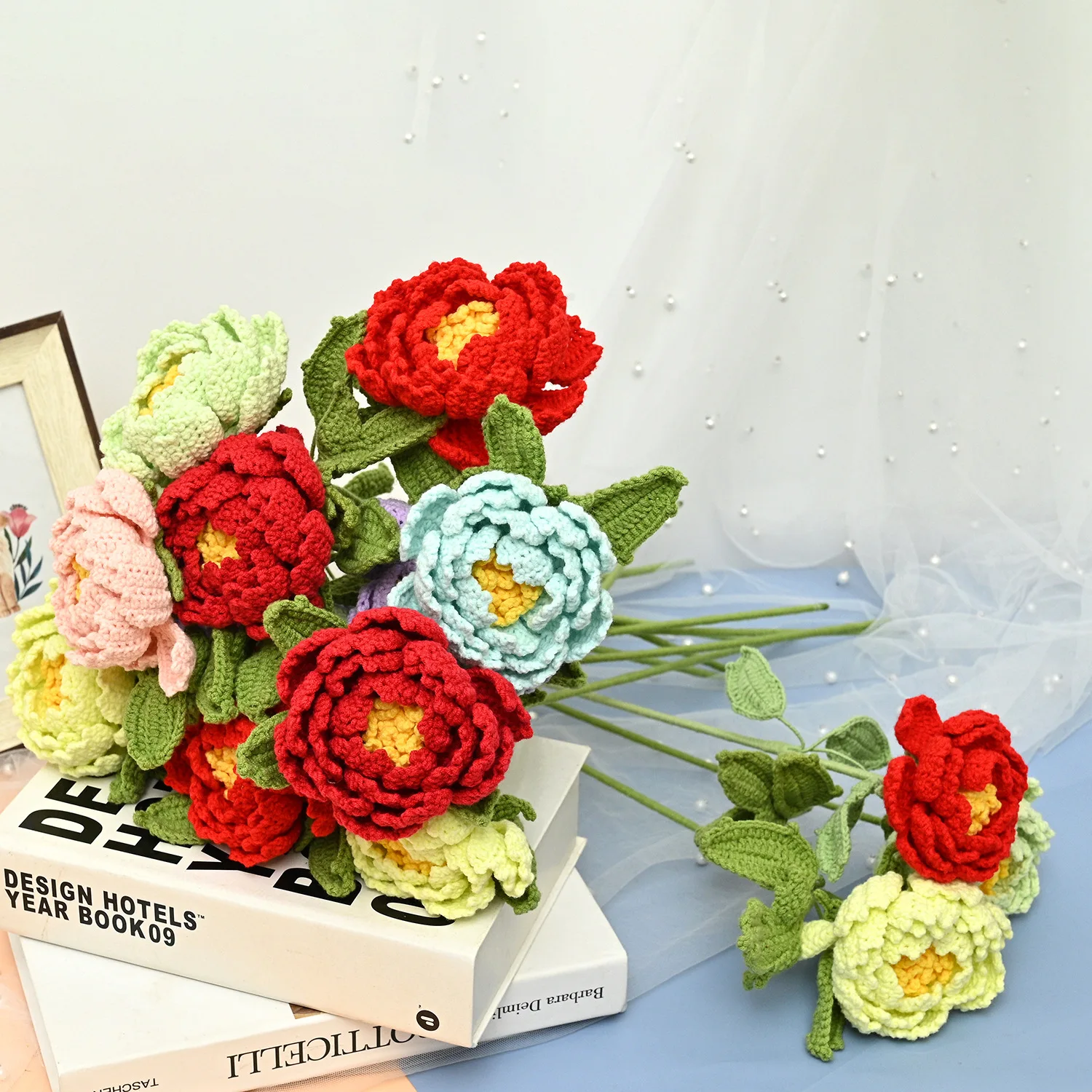 Handmade crochet knit flower Crochet wool peony sprigs for home decoration gift celebration