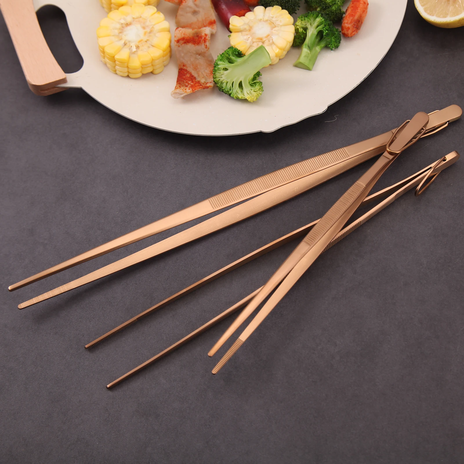 Rose Gold Stainless Steel BBQ Grill Clamps for Bread Steak Fried Fish Multipurpose Food Tong