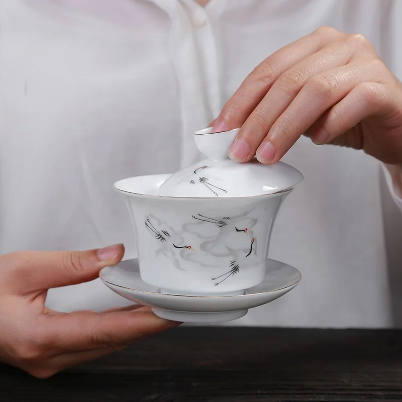 Чайные чашки Gongfu с красным журавлем набор крышек и чашек позолоченная Керамическая рамка Gaiwan