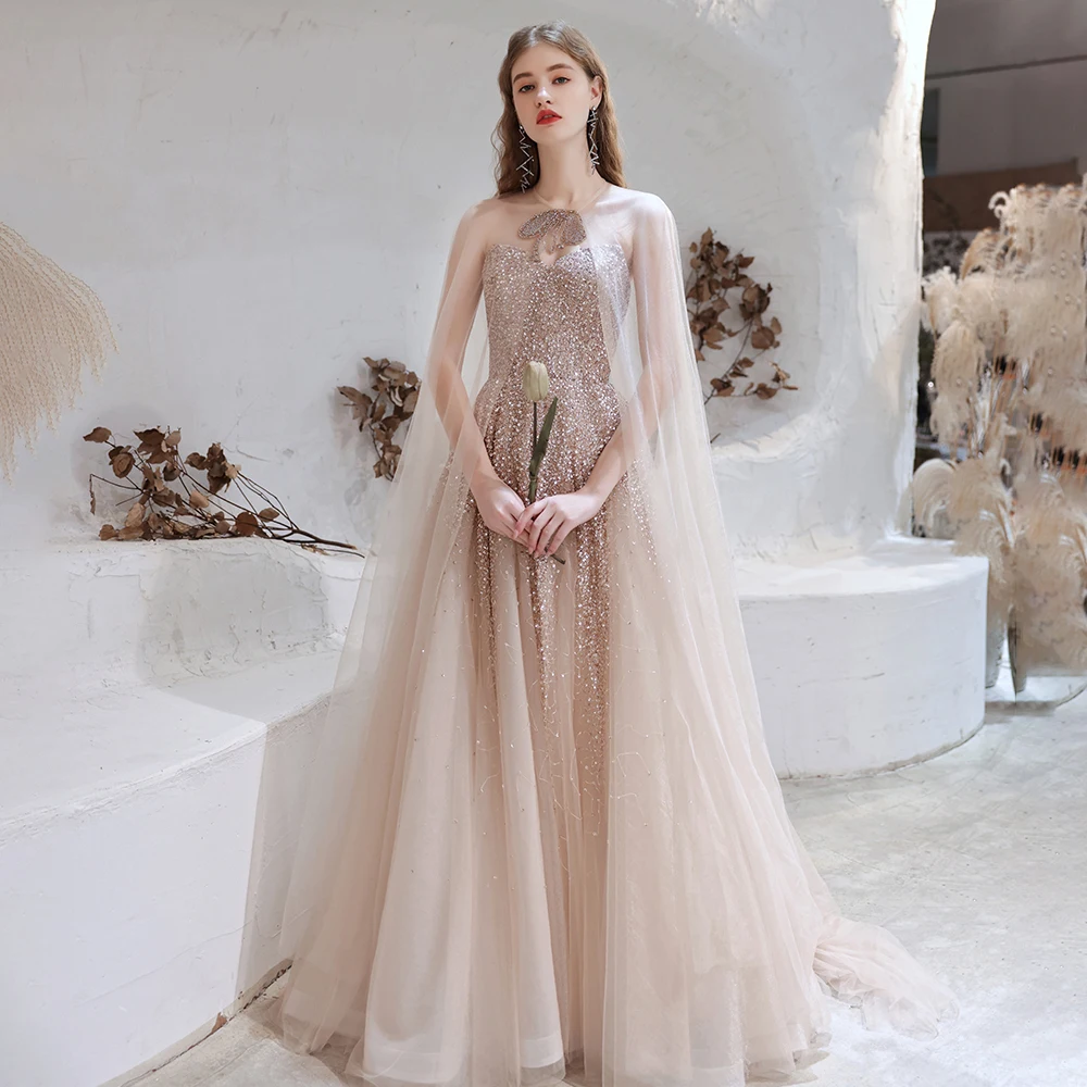 Elegant Luxury Strapless Sweetheart Heavy Baded Evening Dress Gowns with Shawl