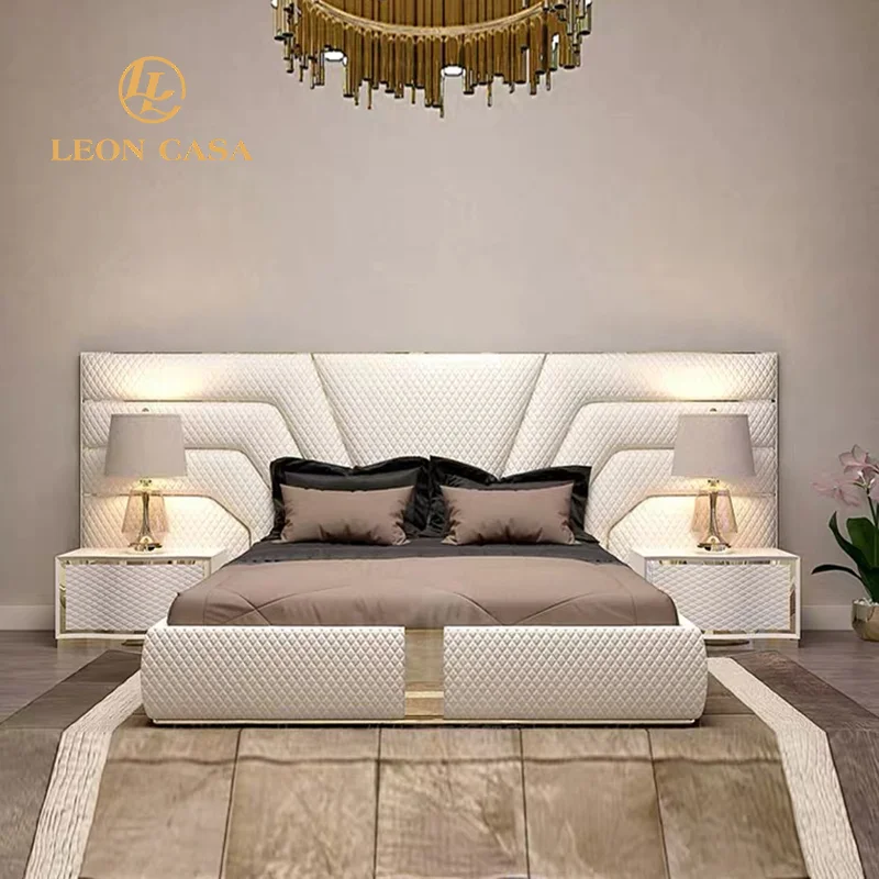 Modern Luxury Italian Bedroom Set Leather King Size Bed Room Set Queen Size Wooden Bed Frame Luxury Bed With Headboard