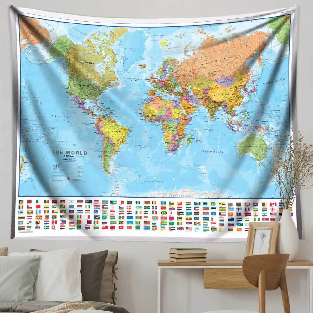 World Map  Decor Watercolor Map Letter Polyester Tapestry For Table Cover Yoga Beach towel
