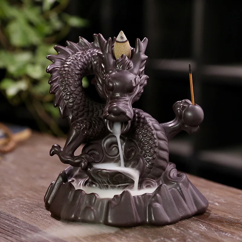 
7-Color LED Lights Changing Incense Burner Ceramic Dragon Backflow Incense Burner Creative Smoke Waterfall Incense Holder Censer 