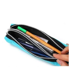 2 Double Zipper Color Pencil Case nylon blue pencil bag no lining school pencil case