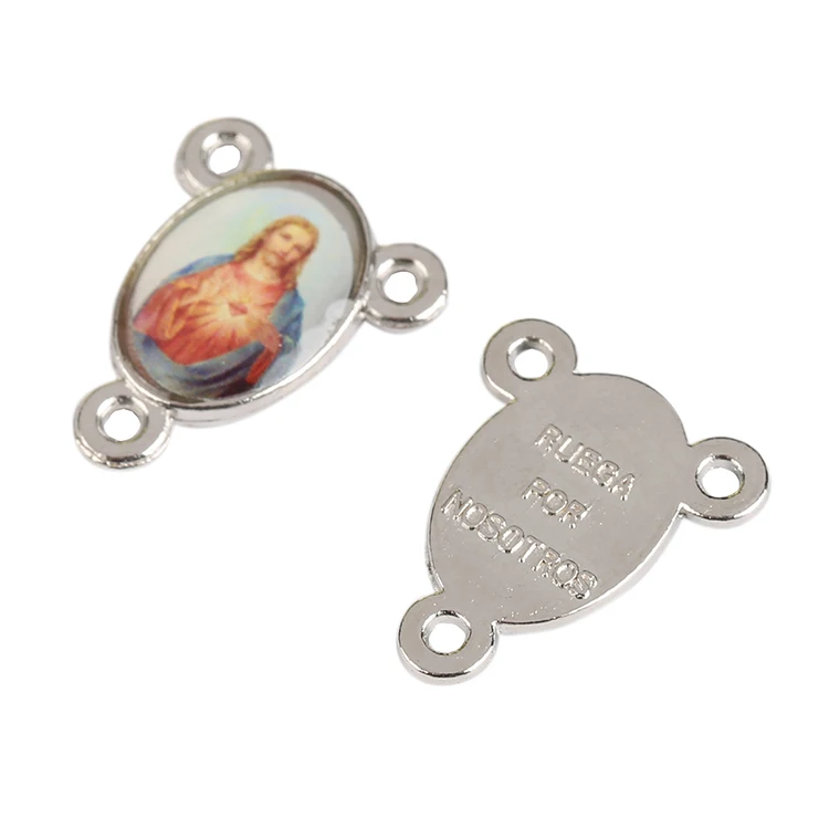 Antique Silver Catholic Religious Gift Virgin Mary Sacred Heart Glamour Medal, Color Photo Catholic Medals