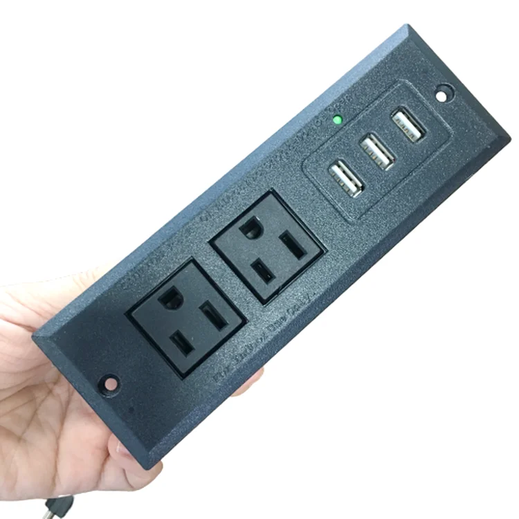 Recessed power strip with 3 standard US plug ports and 2 USB ports for office home desk