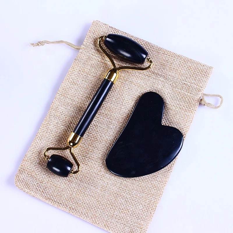 Черный натуральный нефритовый ролик из цинка с золотым кронштейном + большой набор гуаша Ша для лица