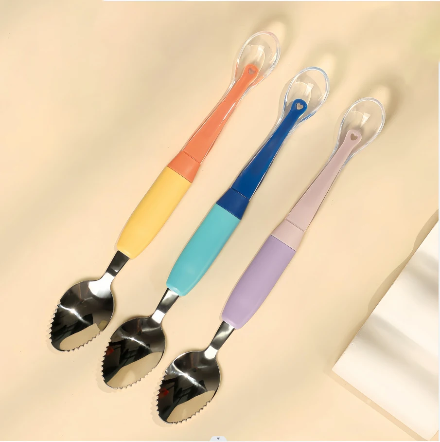 Food Grade Silicone Double Headed Puree Spoon Baby Scraper Stainless Steel Silicone Soft Spoon