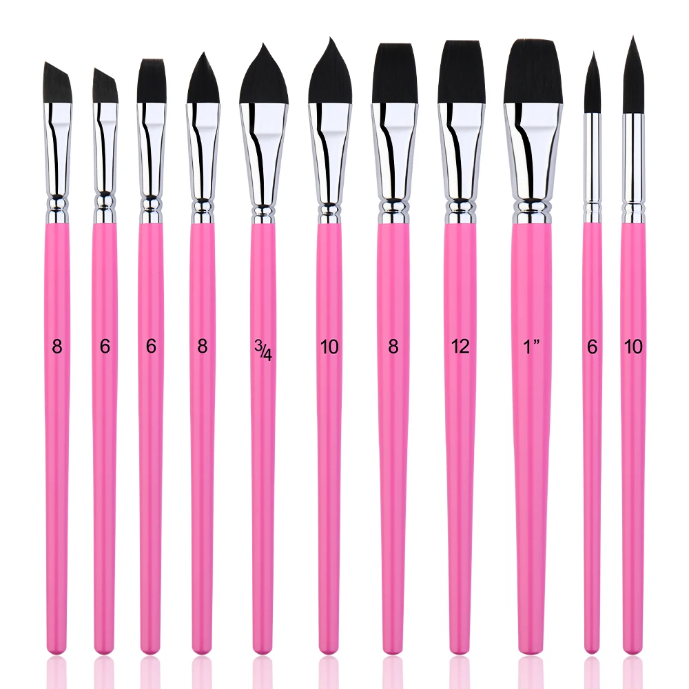 Professional Pink Handle Artist Brush Black Nylon Hair 11pcs Watercolor Paint Brush Set for Acrylic Paint