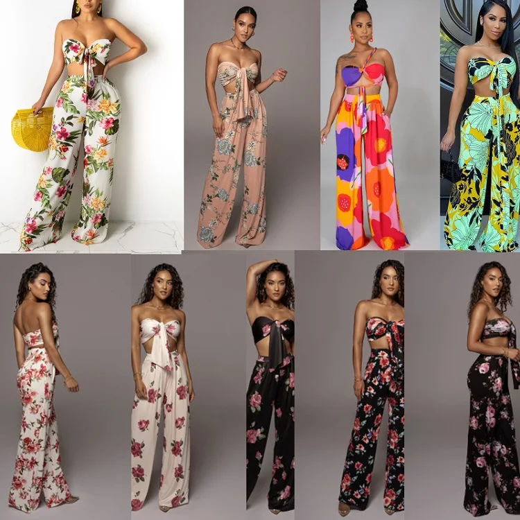Summer Beach printed Lace-up Tube Top and Trousers Loose Pants Women Two-piece Suit