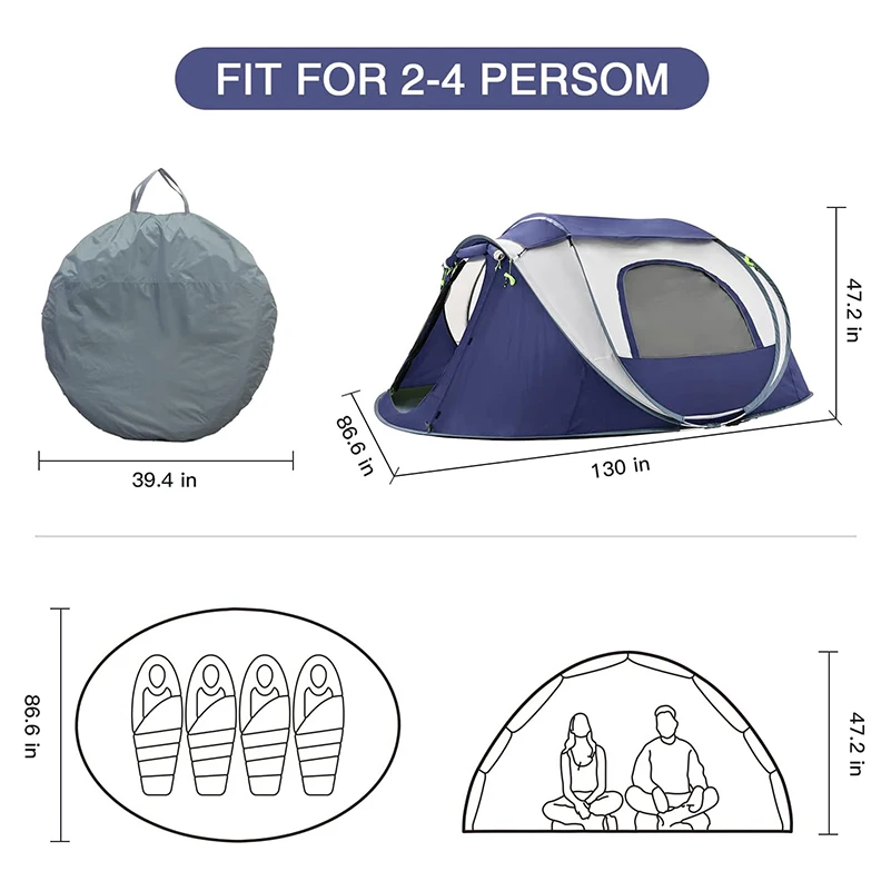 Quick-Open 3/4-Person Waterproof Oxford Camping Tent Pop-Up Design Easy Outdoor Hiking Beach Picnics Family Use Three-Pole Boat
