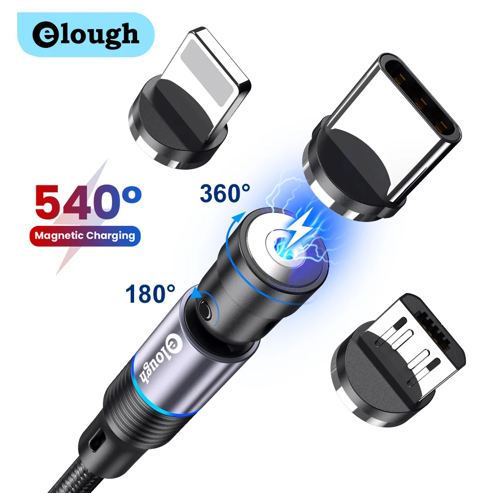 Elough high quality 2.4a fast charging data line for apple 3 in 1 540 degree rotating magnetic usb cable phone charger